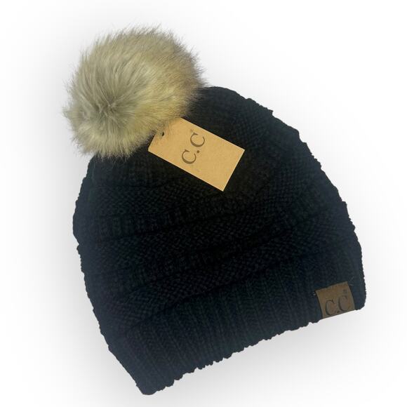 C.C NWT Fur Pom CC Beanie HAT43 Black With Natural Pom Winter Hat Slouchy - Picture 6 of 6